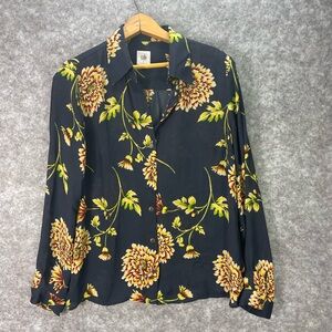 Cabi Daisy Floral Blouse Women's Size Small  Blue Sheer Long Sleeve Style 3250